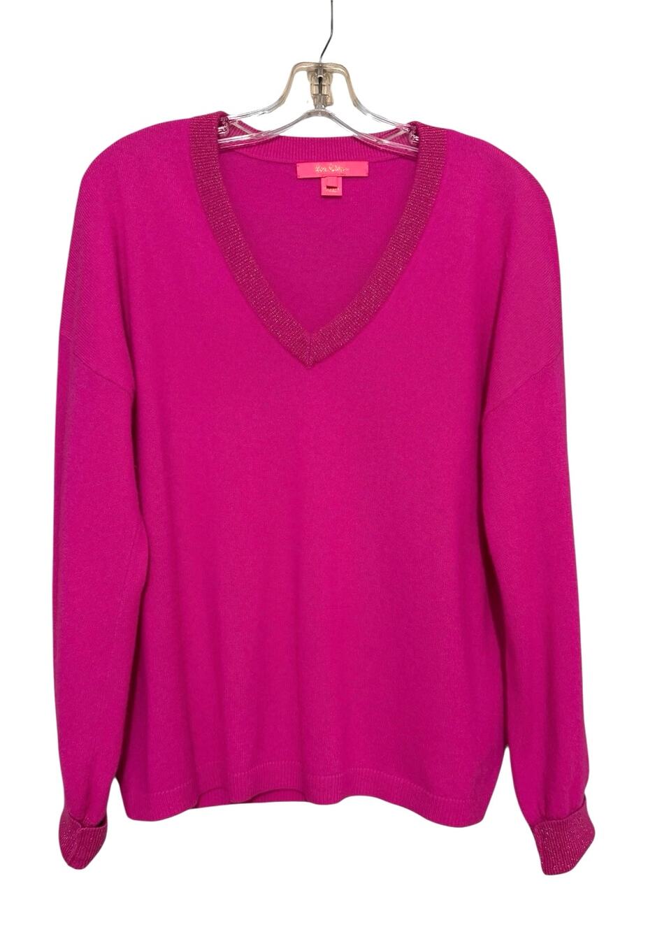 Lilly Pulitzer Large Hot Pink Metallic Fuscia Jasmina Cashmere Vneck Sweater